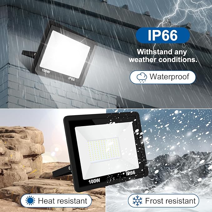 LED Flood Light Outdoor100W LED Work Light with ON/Off Switch Plug in Security Lights IP66 Waterproof 6500K 2Pack Portable Exteriores Floodlights for Yard Garage Stadium Garden Patio