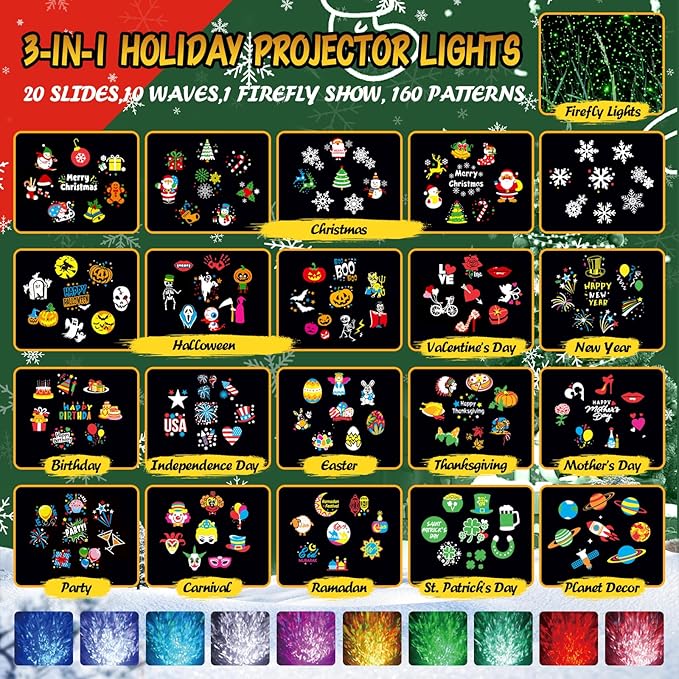 Christmas Projector Lights Outdoor with Ocean Wave &amp Firefly Light 20 Slides/160 Patterns Holiday Projection Lights Indoor with Remote &amp Timer Waterproof Light Projector Christmas Decoration