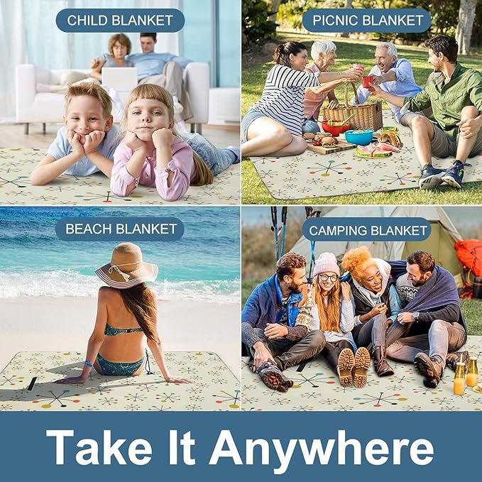 Modern Atomic Stars Retro Colors Stock Illustration Waterproof Outdoor Picnic Blanket Sandproof Beach Mat for Camping Hiking Grass Travelling