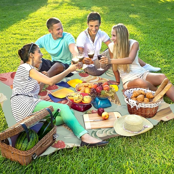 Waterproof Sandproof Beach Blanket 59''×68'' Cup Ice Cream Polyester Outdoor Picnic Blanket with 4 Stakes &amp Storage Bag for BeachCampingVacation Lime Green