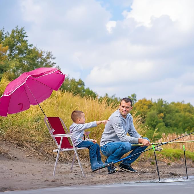 Folding Beach Chair with Umbrella Portable Heavy Duty Camping Chair for Adults Lightweight High Back Chair with Detachable Sun Shade Supports 265lbs for Beach Park Travel Outdoor (Pink)