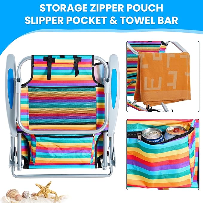 2 Pack Lightweight Portable Camping Beach Chair for Adult Outdoor Lay Flat Folding Beach Chairs with 5 Position Backpack Beach Chair with Towel Bar Zipper Pouch Cup Holder Rainbow Striped