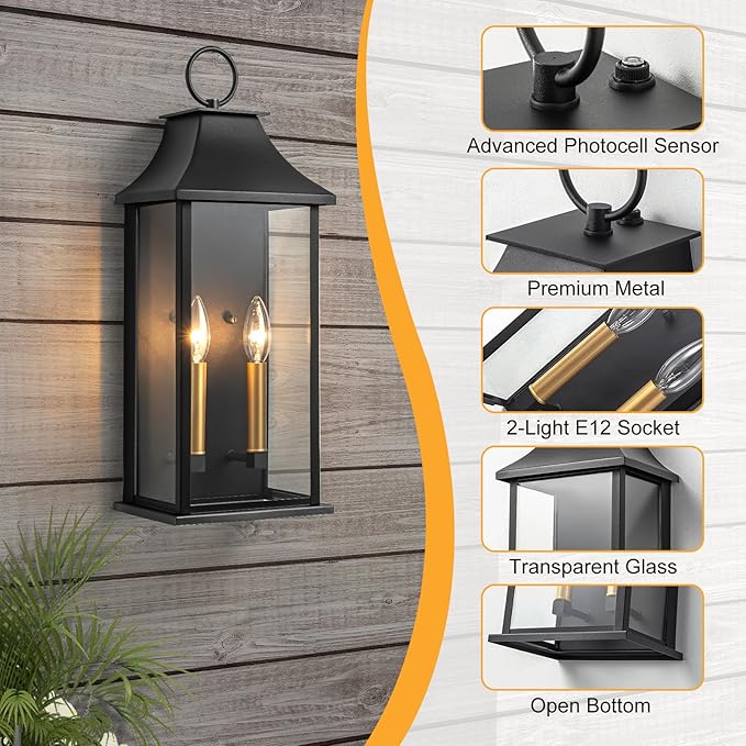 Dusk to Dawn Outdoor Wall Lantern 2-Light 20.6 Large Outside Wall Sconce Modern Black Wall Light Fixture with Glass Waterproof Exterior Lamp for House Porch Garage