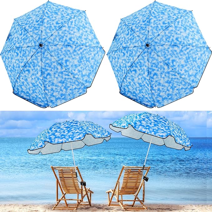 Buryeah 2 Pcs Automatic Chair Umbrella with Universal Clamp 44 UPF 50+ Portable Clamp on Beach Chair Adjustable Wheelchair Umbrella for Outdoor Patio Parasol