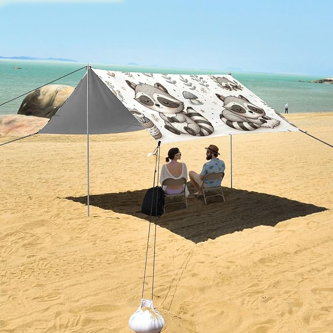ALAZA Cute Raccoon Flowers Beach Tent Sun Shelter UPF50+ Protection Beach Shade Canopy w/ 4 Sandbags for Outdoor Camping Fishing Backyard Fun Picnic 10x9 ft