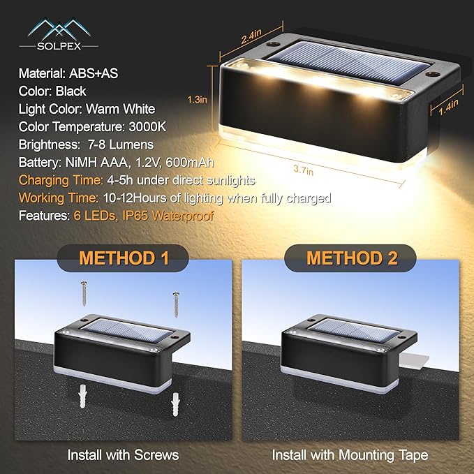 SOLPEX Solar Fence Lights 6 LEDs Solar Lights Outdoor Waterproof Solar Powered for Deck Stair Front Porch Balcony Walkway Garden Yard Patio Pool Decor IP65 Waterproof (12 Pack Warm White)
