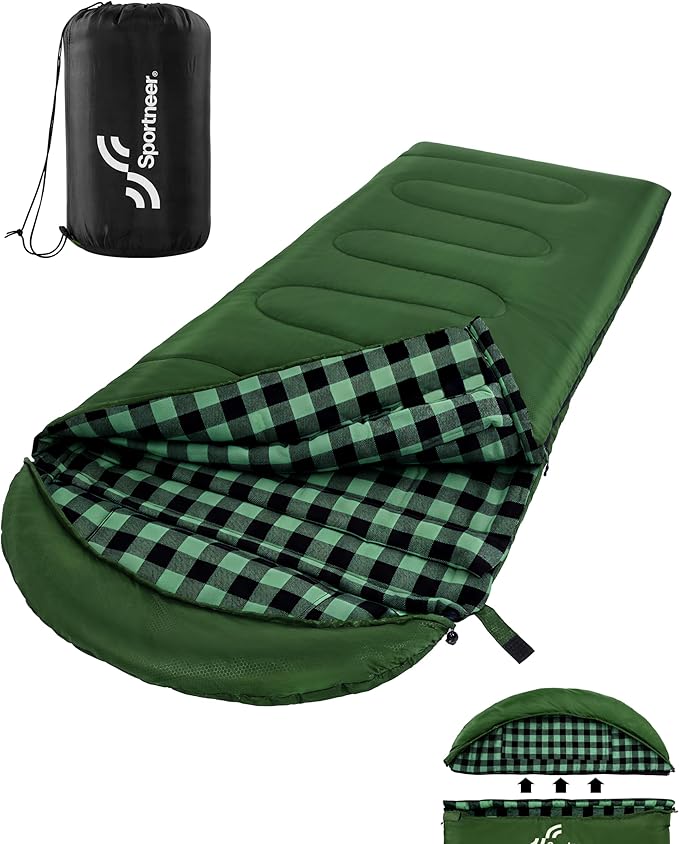 Sportneer 0 Degree Sleeping Bag for Cold Weather XL Winter Sleeping Bag for Adults Flannel Lined Camping Sleeping Bag 32°F–59°F Rated 87 x 33.5 4.4 lbs Detachable Hood Compression Sack