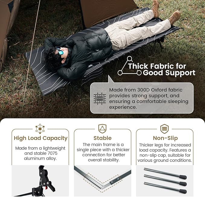 ONETIGRIS SUPRANUBIS Camping Cot Height Adjustable with Cot Leg Extenders Strong Support 330lbs Lightweight Comfortable Folding Bed for Camping Hiking Travel Truck Beach Office Nap