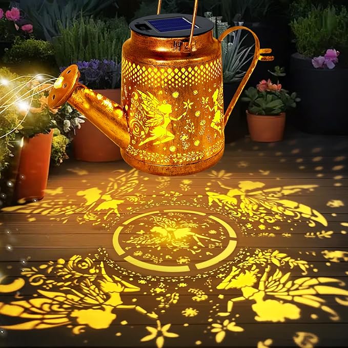 ANGMLN Fariy Solar Lights Outdoor Waterproof Solar Watering Can Lights with Shepherd Hook Metal Angel Hanging Lantern Garden Decor Yard Outside Patio Lawn Gifts for Mom Grandma Women Birthday