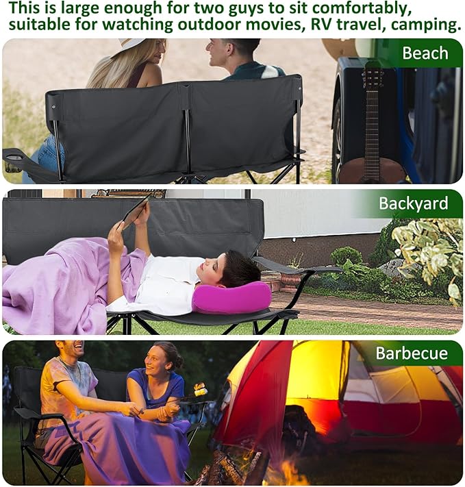 Leonyo Oversized 2 Person Camping Chair Double Camping Loveseat Chair for Adults Foldable &amp Comfortable Double Seat for Lawn Backyard Beach Sports Movie Grey