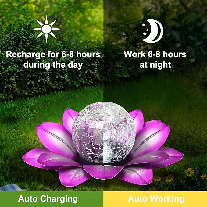 LEWIS&ampWAYNE Solar Garden Lights Outdoor 3 Pcs Purple Lotus Flower Pathway Lamps with Cool White Crackle Glass Globe Led Lights for Patio Pathway Yard Balcony Garden Decorations