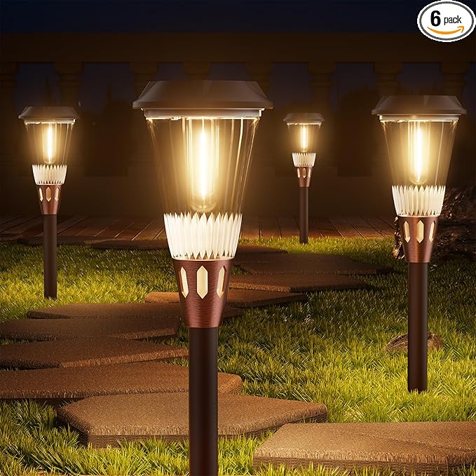 6 Pack Super Bright Solar Lights Outdoor 2-in-1 Warm&ampCold IP65 WaterproofAuto On/Off 6500KSolar Pathway Walkway Lights for YardPatioLandscapeSidewalkDrivewayLawn