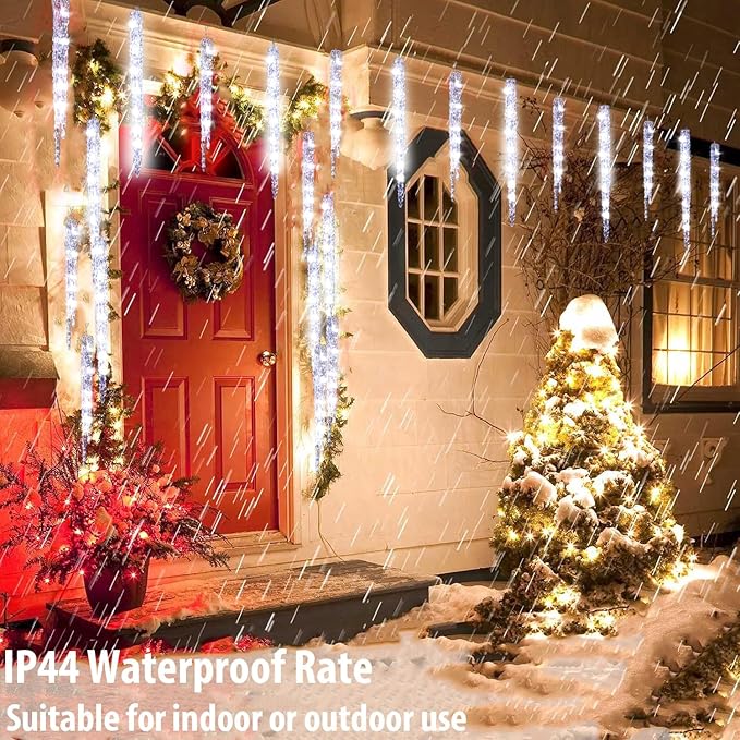 Cool White Christmas Icicle Lights - 20 Large Tubes Outdoor/Indoor Crystal Ice Hanging Lights 29FT 8 Mode with Timer Meteor Shower LED Light for Decoration