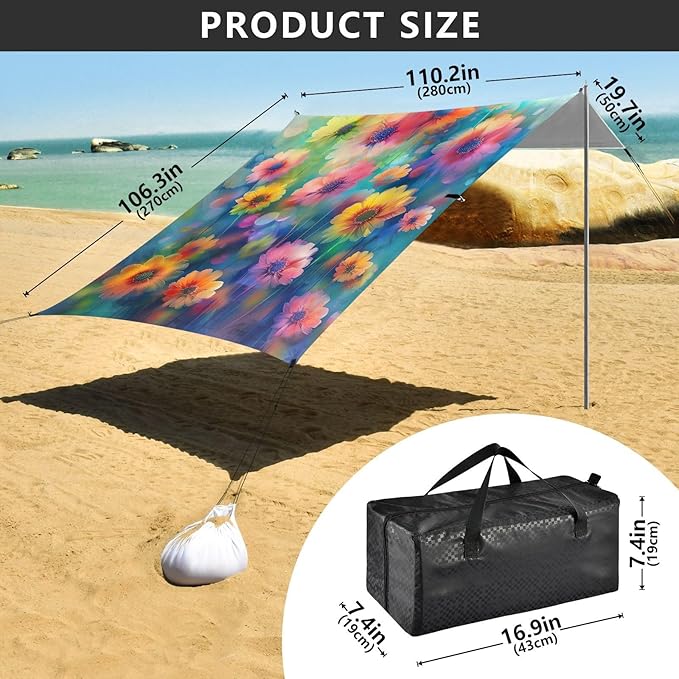 Colorful Flowers Painting Beach Tent Sun Shelter 9.2' x 10.5' Beach Canopy with 4 Sandbags 4 Stability Poles Sand Shovels - Tent Canopy for Beach Camping Fishing Picnics