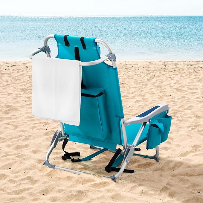 Folding Low Backpack Beach Chair 5-Position with Headrest &amp Cup Holder - Portable Aluminum Reclining Camping Chair with Storage Bags Adjustable Recline - Lightweight &amp Compact Blue