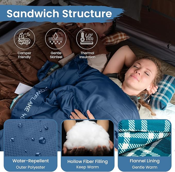 KingCamp Sleeping Bag for Adults Cold Weather &amp Warm XL Big and Tall Flannel Sleeping Bags with Compression Sack Portable Waterproof Essentials Gear Accessories for Outdoor Camping