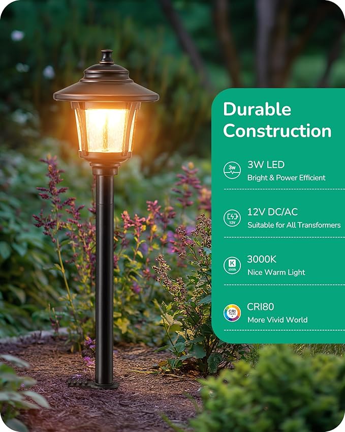 EDISHINE Low Voltage Landscape Lights 12V 3W 120LM 3000K Seed Glass Outdoor Landscape Path Lights with Connectors ORB Waterproof Electric LED Pathway Light Wired for Walkway Garden Yard 6 Pack