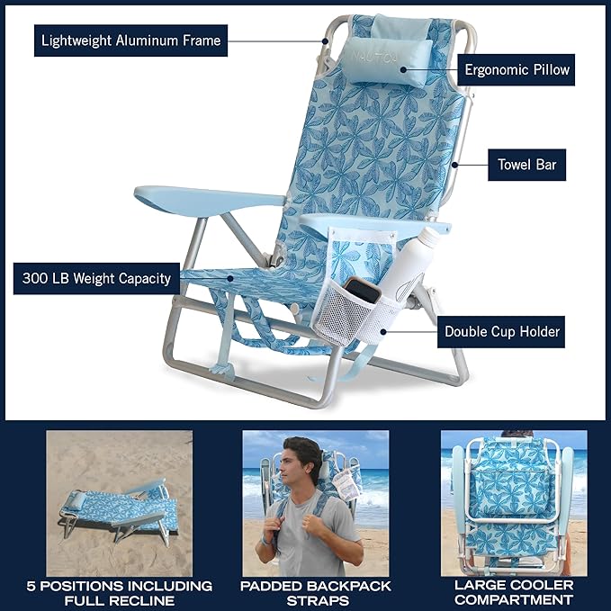 Nautica Backpack Beach Chair – 5 Position Reclining Portable Folding Beach Chair for Adults with Padded Pillow Headrest Insulated Cooler Bag Double Cup Holders Outdoor Folding Chair 300lb