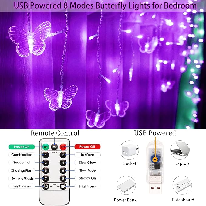 Purple Butterfly Curtain Fairy Lights USB Plug in120 LED 8 Modes 20FT Firefly Twinkle Icicle String Lights with Remote Timer Waterproof for Halloween Bedroom Christmas Wedding Party Dorm