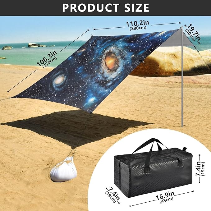 Galaxy Pattern Beach Tent Sun Shelter 9.2' x 10.5' Beach Canopy with 4 Sandbags 4 Stability Poles Sand Shovels - Tent Canopy for Beach Camping Fishing Picnics