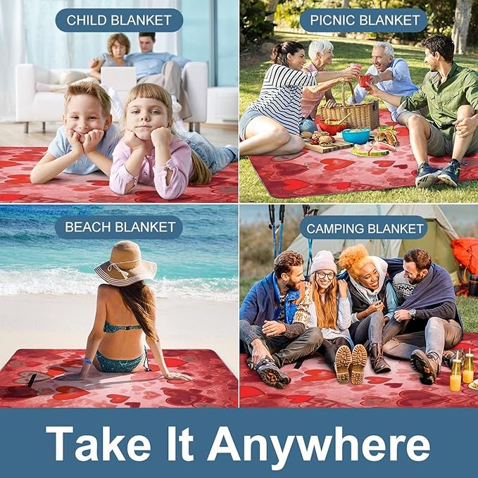 Love Heart Shape Beach BlanketPortable Waterproof Picnic Blanket58.3''x 58.3'' Extra Large Picnic Mat for BeachCamping Grass Lawn Park Accessorie for Festival BBQ
