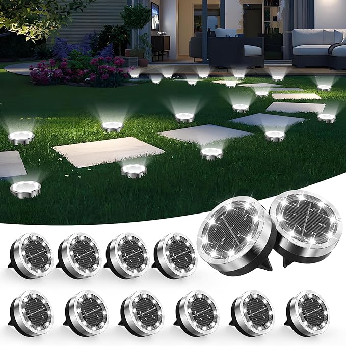 Solar Ground Lights Outdoor 12 Pack Solar Lights Outdoor Waterproof Mini Flat Solar-Powered Garden Light Landscape Lighting for Garden Yard Lawn Pathway Walkway Driveway Backyard Decor Cold White