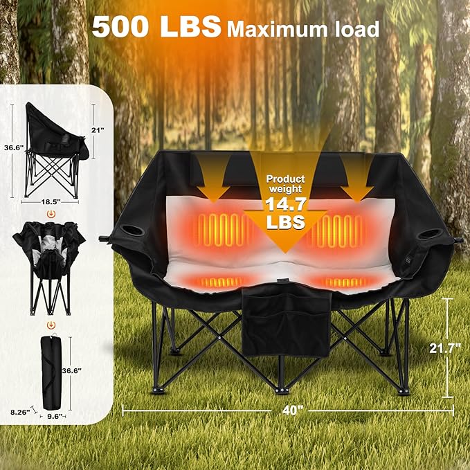 Heated Double Camping Chair with 2 20000mAh Battery Pack 2 Control Switches 2-Person Loveseat 550 lbs for Outdoor Sports Picnics Rugby Match Lawn. Make Your Autumn and Winter Warmer
