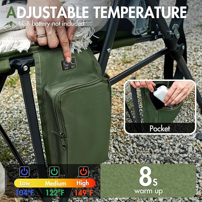 Portal Heated Camping Chairs for Adults Outdoor Sports Oversized Folding Lawn Chair with High Back Heavy Duty 400 Lbs Battery Not Included Green