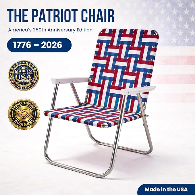 Patriot Chair America 250 Edition – Made in USA Folding Lawn Chair – Red White &amp Blue Portable Seat – Lightweight &amp Easy Storage – 3 Sizes: Magnum Classic Beach (Magnum)