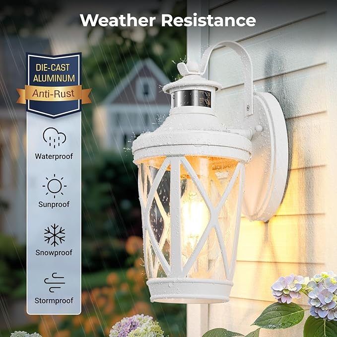 VIANIS Motion Sensor Outdoor Wall Light Fixtures 2-Pack White Dusk to Dawn Front Porch Lights Anti-Rust Outdoor Lanterns Wall Mount with Adjustable Sense Range Exterior Coach Light for Garage