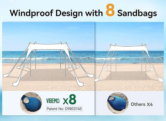 Beach Tent Beach Canopy Sun Shade with UPF50+ UV Protection 10x10ft Includes 8 Sandbags Sand Shovel Ground Pegs &amp 4 Stability Poles Pop Up Sun Shelter for Camping Picnics Backyard Fun