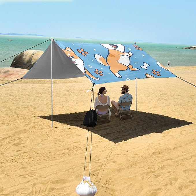 Cute Shiba Inu Paws Bones Camping Sun Shelter Beach Tent Portable Beach Sun Shade Outdoor Canopy for Camping Trips Fishing Picnic
