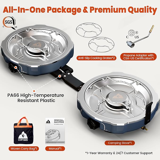 20000 BTUs 2 Burner Propane Camping Stove Portable Folding Camp Stove with Adjustable Burners Built-in Ignition and Carrying Bag Dual Gas Stoves for Tailgating Camping BBQ Overland Grey