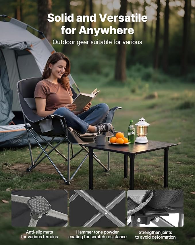 VEVOR Oversized Camping Chairs 450 lbs Heavy Duty Support Portable Padded Folding Camp Chairs with Dual Cup Holders &amp Wine Glass Holders Carry Bag for Outdoor Fishing Black &amp Gray 1 Pack
