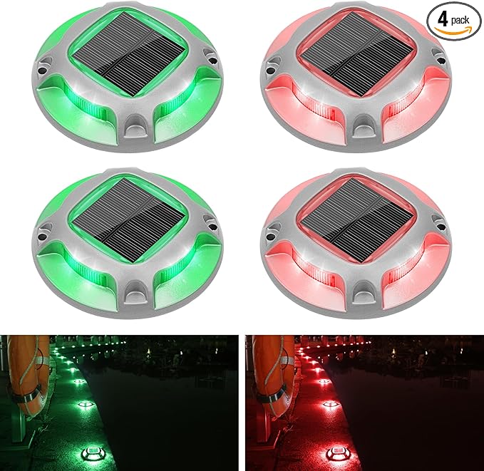 VOLISUN Christmas Solar Driveway Lights Dock Marine Lights 4 Pack2 Colors in 1Outdoor LED Deck LightsSolar Powered Waterproof Warning Step Lights for Driveway Sidewalk Pathway (Red/Green)