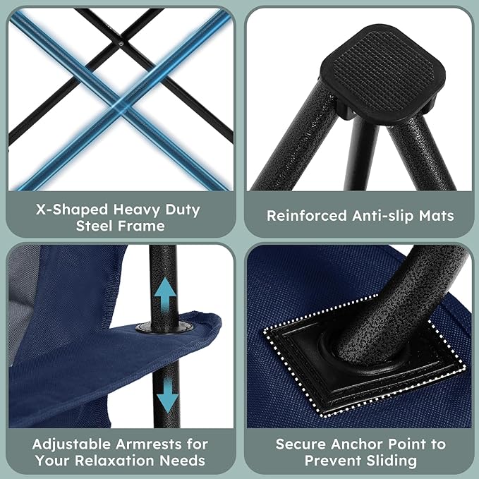 Oversized Camping Chairs 2 Pack - 450lbs Support Heavy Duty Folding Camp Chair Wide Portable Outside Collapsible Chairs with Carry BagCoolerCup Holder for OutdoorLawnSportsBaseballSoccer-Navy