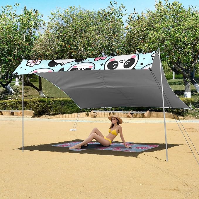 Cute Panda Bear Face Camping Sun Shelter Beach Tent Portable Beach Sun Shade Outdoor Canopy for Camping Trips Fishing Picnic