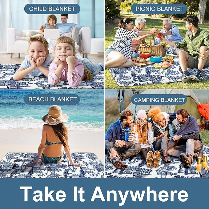 Blue and White Chinese Folk Chinoiserie Style Waterproof Outdoor Picnic Blanket Sandproof Beach Mat for Camping Hiking Grass Travelling
