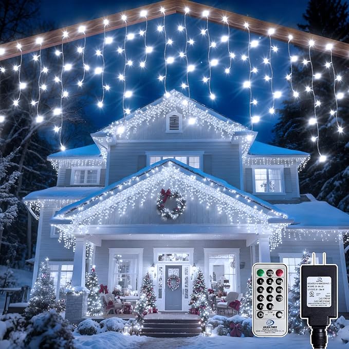 32ft Christmas Icicle Lights 396 LED Outdoor/Indoor Cool White Curtain Lights with 8Modes Plug in Waterproof String Lights for Holiday Wedding Garden Decorations