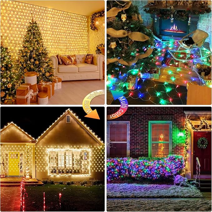JMEXSUSS 360 LED Net Christmas Lights 12ft x 5ft Warm White &amp Multicolor 11 Modes Bush Lights Waterproof Connectable for Christmas Patio Garden Indoor Outdoor
