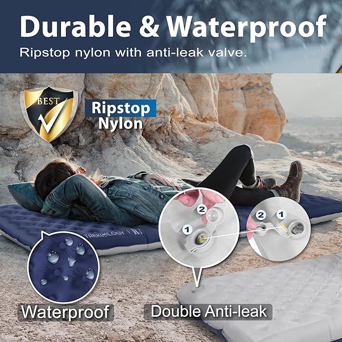 TREKOLOGY UL R7 Camping Sleeping Pad &amp Inflatable Beach Pillow Bundle – Lightweight Compact Waterproof Sleeping Pad with Ergonomic Inflatable Pillow for Camping Hiking Beach and Outdoor Adven