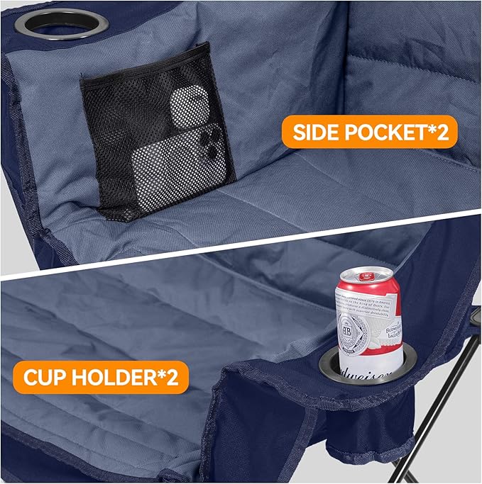 3 Person Camping Chairs Folding Double Camping Chair Portable Oversized Loveseat Padded Camp Chair Heavy Duty Camping Couch for Adults Outdoor Lawn with Two Cup Holders and Carry Bag Blue
