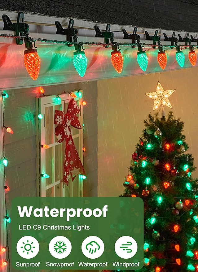 C9 LED Christmas Lights Outdoor 68 Feet 100 LED Strawberry String Lights With 100 Spring Clamps Waterproof Commercial Grade Extendable for Outside Roofline Patio Home Xmas Decoration Red &amp Gree