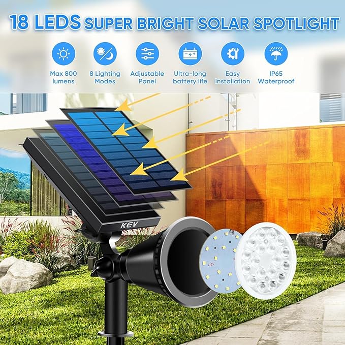 KEV Solar Spot Lights Outdoor18 LEDs Color Changing RGB Solar Flood Lights with 8 Modes &ampIPX65 WaterproofHalloween Solar Spotlight for Driveway/Backyard/Landscape/Tree(Multicolor2 Pack)