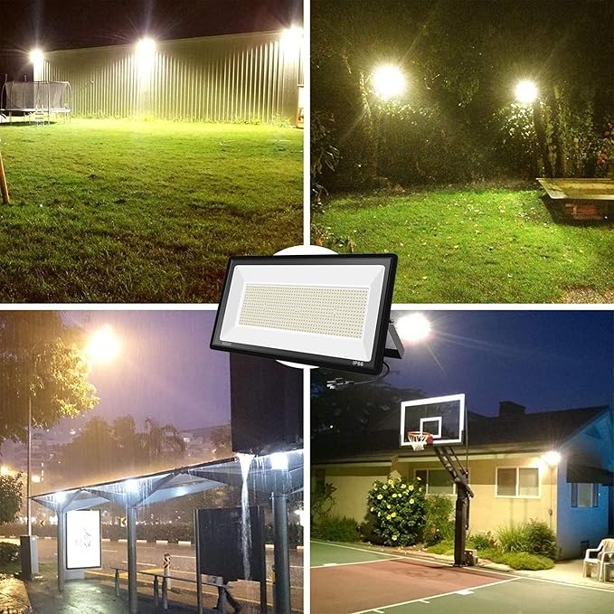 800W Warm White Flood Lights Outdoor LED Security Floodlights with Plug 3000K 80000LM Suer Bright Commercial Arena Lighting for Court Backyard Stadium Fields 2 Pack