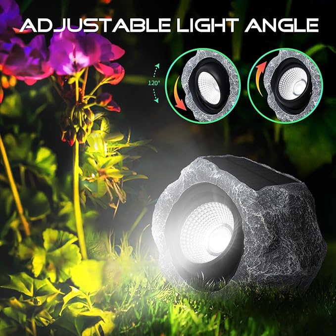 2 Pack Solar Rock Lights Outdoor Angle Adjustable Solar Lights Outdoor Waterproof LED Solar Garden Lights Auto On/Off Landscape Lighting for Yard Pathway Patio Flower Bed - White Glow (Stone Gray)