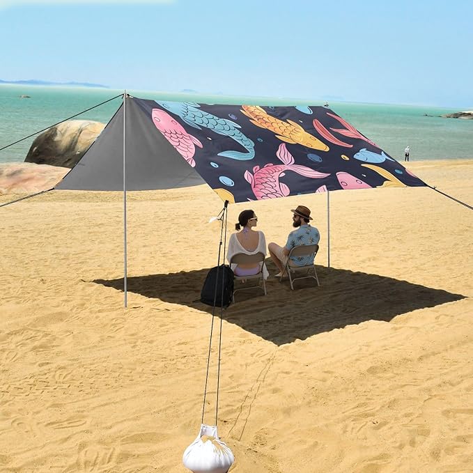 Red Yellow Blue Fishes Camping Sun Shelter Beach Tent Portable Beach Sun Shade Outdoor Canopy for Camping Trips Fishing Picnic