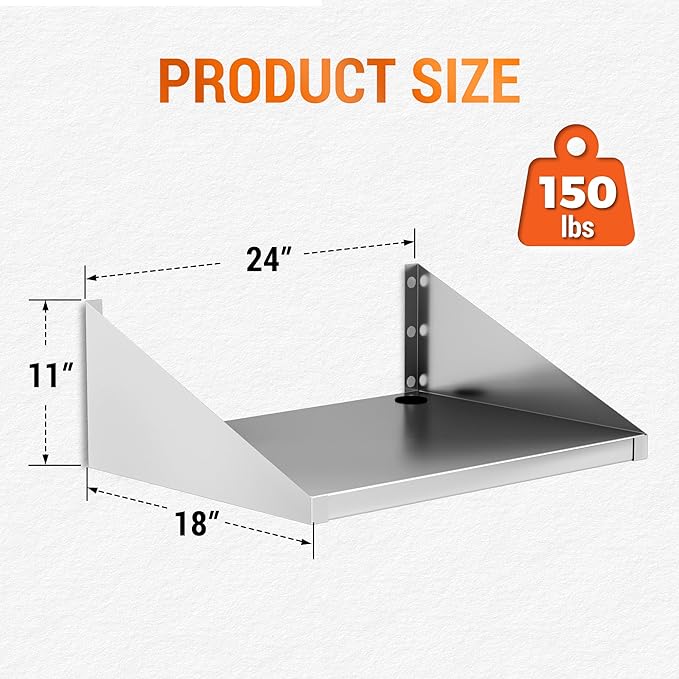 Stainless Steel Microwave Shelf Wall Mount Commercial 430 Steel Metal Rack Heavy Duty 150 lbs Floating Shelving Cord Management Hole for Kitchen Laundry Garage 24x18