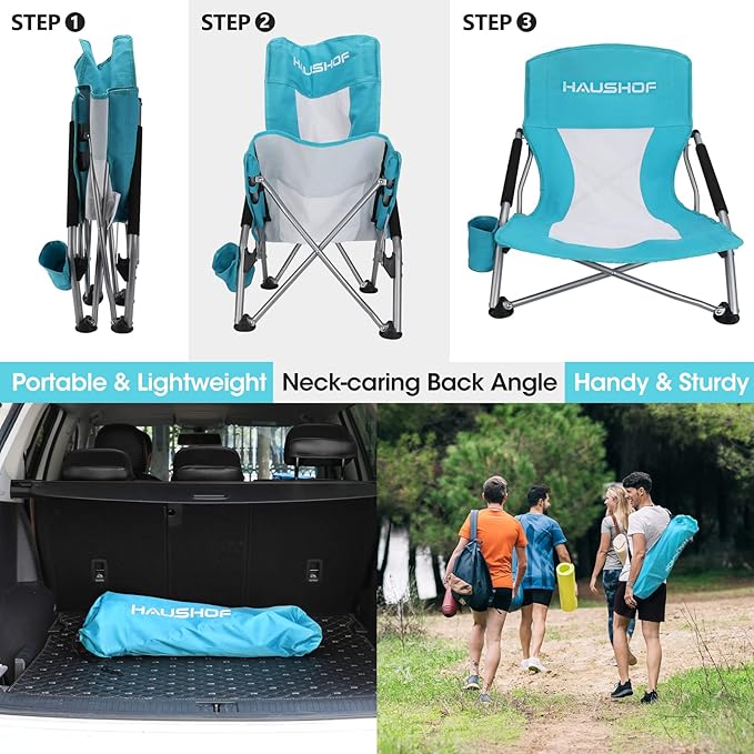 HAUSHOF Low Beach Chair Mesh Back Folding Chair Lightweight Low Seat Camping Chairs with Cup Holder Carry Bag Padded Armrest for Outdoor Beach Lawn Camping Picnic Festival