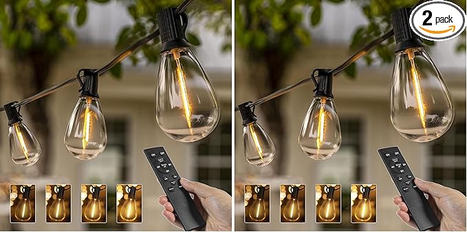 Ollny S11 Outdoor String Lights with Remote 30 FT 3 Modes Dimmable Timers Waterproof Connectable Patio Lights 15+1 LED Spare Bulb Dusk to Dawn Hanging Light for Indoor Porch Balcony Cafe (Pack of 2)